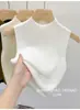 Jersey interior de punto para mujer, chaleco corto sin mangas con cuello alto y tirantes anchos, color liso, para verano.