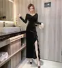 Vestido de Noche con Abertura de Terciopelo Dorado Celebridad Banquete Temperamento Ajustado Cola de Pez Manga Larga Vestido de Anfitrión para Reunión Anual
