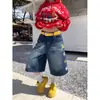 Calça Jeans Cropped Estampada Estrela Retro Americana Verão 2026 Fina Solta Lavada Shorts de Perna Larga