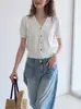 Top de tricô de seda gelada vintage estilo francês com decote em V e manga curta para mulheres, acinturado para o verão, de alta qualidade, que rejuvenesce, fino, de caimento solto, curto