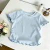 Camiseta Infantil com Borda Franzida, Mangas Curtas Doces, Camisa Base Ribana Elástica Multicor de Verão, Roupa Infantil Versátil, Disponível para Atacado
