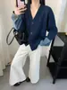 Cárdigan de punto suelto y casual para mujer, estilo coreano, nuevo para otoño e invierno, con puños de retazos de mezclilla.