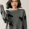 Suéter de Cachemira de Cuello Redondo para Mujer Otoño e Invierno, Jacquard de Mariposa Holgado Aspecto Adelgazante Versátil Suéter de Punto para Base Ropa Interior Sencilla