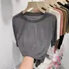 Camiseta de Manga Corta de Hielo de Seda Estilo Coreano Simple Casual Microtransparente Hombro Delgado Cuello Redondo Holgada Adelgazante para Mujer Verano Pequeña Versátil