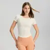 Top Deportivo de Encaje con Cuello Redondo, Corte Ajustado, Manga Corta para Yoga, Pilates, Running, Camiseta Fitness Adelgazante para Mujer