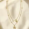 Colar de Camada Dupla com Estilo Suave de Damasco Leitoso, Pingentes de Estrela do Mar e Concha, Corrente Fina de Bolinhas Douradas, Corrente de Clavícula em Camadas para Meninas