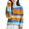 Suéter de tricô listrado para mulheres, curto, gola redonda, de caimento solto, top de tricô casual e estiloso, com uma vibe descontraída e um efeito emagrecedor