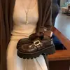 Mocasines de Estilo Universitario Británico para Mujer en Piel de Vaca con Hebilla Cuadrada, Zapatos sin Cordones de Plataforma con Tacón Grueso y Suela Gruesa