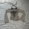 Camiseta de tirantes cruzados Y2K para chica popular, de rayas, hombros descubiertos, con estampado de cruz, cortes laterales y mangas acampanadas, para primavera/otoño