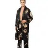 Conjunto de Dos Piezas para Hombre de Seda: Bata de Noche y Pantalón Largo, Pijama Delgado de Manga Larga, Bata de Dragón T811 Talla Grande, Cuello Revuelto, Lujo Ligero