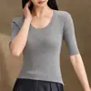 Top de punto para mujer, corte ajustado, cuello en U pronunciado, manga media, con textura, estilo suave, adecuado para usar solo o debajo de otra prenda, elegante camisa base