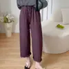 Pantalones Casuales Morados de Lino Tencel Lyocell para Mujer Verano Delgados Cintura Alta Sueltos Pequeños Nueve Puntos Rectos