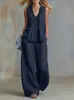 2026 Moda Casual Feminina Transfronteiriça Europeia e Americana Cor Sólida Decote V Franzido Solto Sem Mangas Calça Longa Casual Conjunto de Duas Peças