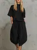 Conjunto Casual Holgado de Dos Piezas Estilo Europeo y Americano Nuevo para Mujer, Verano, Media Cremallera, Manga Corta, Cordón, Pantalones Anchos Cortos