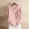 Camiseta Casual de Algodón y Lino para Mujer, Manga Corta, Cuello Redondo, Botones, Estilo Europeo y Americano, para Vacaciones y Calle, 2024