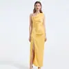 Fotos Reales de Ropa de Mujer para Exportación: Mono Vestido de Acetato Satinado Asimétrico con Corte Cut-Out Bodycon para Primavera/Verano con Pliegues 3D