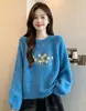 Nuevo suéter floral bordado estilo coreano para otoño e invierno, top holgado, tejido de punto con cuello redondo, jersey para mujer de estilo fresco y suave