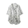 Camisa de Seda de Hielo de Manga Corta con Cuello Cubano para Hombre Verano Nuevo Moda Japonesa Estampada Holgada Delgada Chaqueta para Pareja