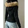 Sudadera con Capucha y Cuello de Piel Negro Estilo Americano para Mujer, Ropa Exterior Corta Ajustada Estilo Coreano Otoño/Invierno