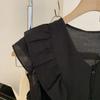 Camisa sin mangas fruncida de verano estilo francés, top corto, negro, cuello en V, manga corta tipo volante, camisa tipo muñeca de gasa para mujer