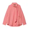 Comércio Exterior 2026 Primavera Nova Moda Feminina Casual Solta Estilo Europeu e Americano Camisa Listrada com Gola Alta e Decoração de Laço