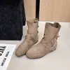 Nuevas Botas de Tobillo 2026 Otoño/Invierno Botas Retro para Mujer Caídas Marrones Tacón Oculto Mate Botas de Moda Versátil Correa con Hebilla
