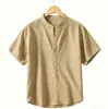 Nova Camisa Masculina de Linho de Manga Curta para o Verão de 2026, Solta Casual Gola Redonda, Cor Sólida Algodão-Linho Respirável Versátil