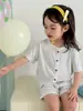Conjunto de Pijama de Verão Modal para Meninas, Pijama Pai e Filha com Gola de Renda, Cardigã de Manga Curta e Shorts para Bebê Menina