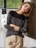 Camiseta Feminina Casual de Algodão Puro com Listras, Manga Longa, Gola Redonda, Roupas de Trabalho, Popular no Outono e Inverno, Personalizada, Transfronteiriça