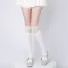 Meias Doces Lolita Estilo Japonês para Mulheres, Meias Lolita com Renda na Borda, Meias Doces Lolita Mary Jane Acima do Joelho com Fita