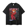 Camiseta vintage con estampado de anime, efecto desgastado y lavado, para hombre y mujer, hombros caídos, talla grande, top de manga corta de moda para verano, comercio exterior