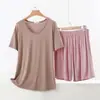 Conjunto de dos piezas de modal para mujer, nuevo modelo de primavera y verano, con cuello en V, manga corta y shorts, talla grande, holgado, casual, sencillo, para casa