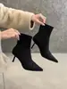 Grupo Estrella Loca~Botines Cortos Elásticos de Tacón Alto Negros Elegantes Estilo Francés para Mujer, Tacón Delgado, Punta Fina, Efecto Adelgazante, Botines de Tobillo de Celebridad de Internet