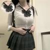 Traje Chica Picante Mujercitas Ajustado Largo Manga Corta Camisa de Cintura Verano Cuadros Falda Plisada Falda Jk