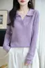 Suéter tejido casual de cuello polo de alta imitación, medio abierto, de manga larga, a rayas, ajuste slim, versátil, adelgazante, nuevo estilo para mujer