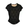 AP26098-26 Camiseta Pulôver Manga Curta Gola Redonda Bainha Curva Estilo Coreano Estilo Puro Desejo Renda