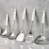 Colher e Espátula de Cozinha em Aço Inoxidável com Cabo Criativo de Cerâmica Antiescaldante para Uso na Cozinha Doméstica, Espátula de Cozinha, Escumadeira para Panela Quente, Concha de Sopa