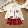 Suéter para Niñas Otoño e Invierno Nuevo Estilo Cárdigan de Punto para Niña Cárdigan con Lazo Conjunto de Dos Piezas JK con Falda Plisada a Cuadros