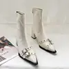 Encontro Primeiro Temporada 2026 Outono/Inverno Bico Fino Fivela Salto Bloco Botas de Cano Curto para Mulheres, Estilo Europeu e Americano Salto Alto com Zíper nas Costas, Botas Curtas Emagrecedoras