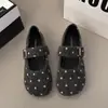 Sapatos Mary Jane femininos de uma tira, decotados, com sola reta e fivela, veludo, retrô, 2026, bico quadrado, sola macia, versáteis, novos, poá