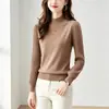 Camisa base de cor sólida com gola semi-alta e mangas bufantes, luxo leve, elegante, outono e inverno, emagrecedora, versátil, casual, gola alta canelada, manga longa, pulôver