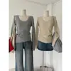 Busto grande cintura fina base justa malha suéter outono e inverno novo estilo gola redonda manga longa camiseta justa modeladora preto tamanho único cinza