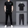 [Conjunto de Seda Gelo] Verão Masculino Secagem Rápida Esportivo Camiseta de Manga Curta Juventude Versátil Calças de Seda Gelo Top Solto de Meia Manga