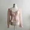 Em estoque Ins Coreano Outono Inicial Camisa Texturizada de Botão Único com Amarração Manga Longa Feminina Top Cropped Francês