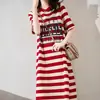 Roupas de maternidade verão solto emagrecimento listrado estampado camiseta vestido estilo coreano comprimento médio vestido de maternidade roupas de verão