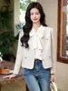 Chaqueta Corta de Cuello Redondo Estilo Chanel, Adecuada para Primavera y Otoño, Elegante y a la Moda, Blazer Top Profesional para Mujer de Manga Larga Adelgazante