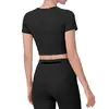 Camiseta de yoga feminina de manga curta em spandex, respirável, absorvente de suor, corte justo, comprimento curto, top fitness fresco e de secagem rápida