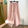 Calças casuais de verão de cintura alta, curtas, em mistura de algodão e linho, de perna larga para mulheres, com renda, cordão e acabamento franzido, estilo pantalona casual