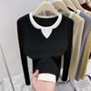 Suéter Falso de Duas Peças Estilo Europeu com Decote V para Mulheres, Versão Coreana Primavera 2026, Blusa Interna Patchwork Color Block, Camada Base de Tricô de Manga Longa