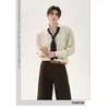 Camisa de Manga Larga Holgada a Rayas Azules para Hombre, Nuevo Estilo Primavera y Otoño, Diseño Único con Corbata Desmontable, Camisa con Estampado de Árboles
